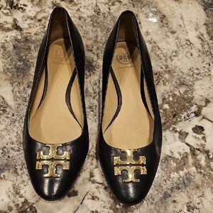 Tory Burch Black Leather Flats with Gold Emblem
